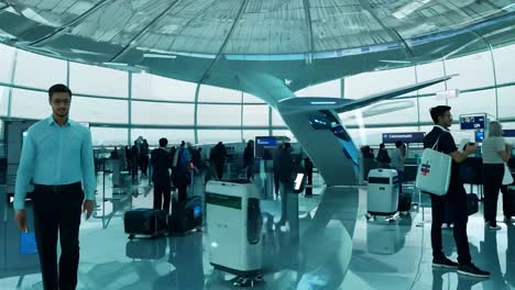 personas en una terminal del aeropuerto esperando para abordar un avión, con un globo digital en el fondo