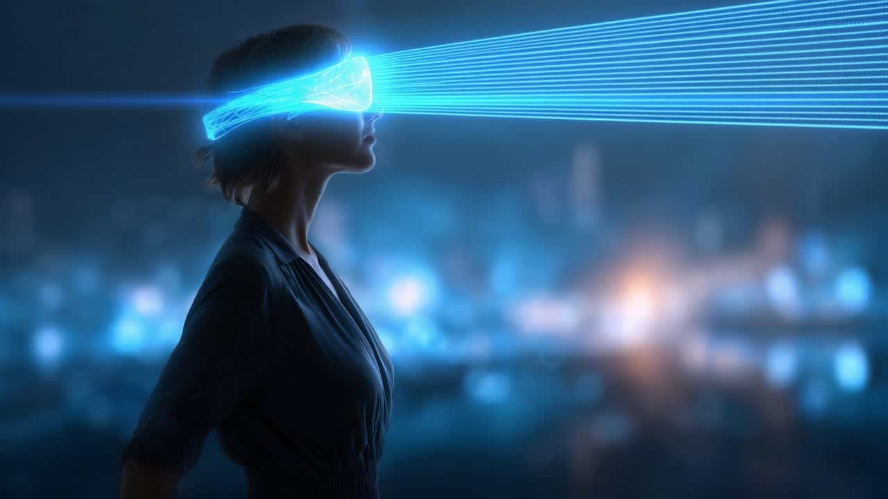 Una donna che indossa occhiali VR futuristici con un'interfaccia luminosa esplora un paesaggio digitale, evidenziando l'evoluzione della tecnologia e delle esperienze immersive.