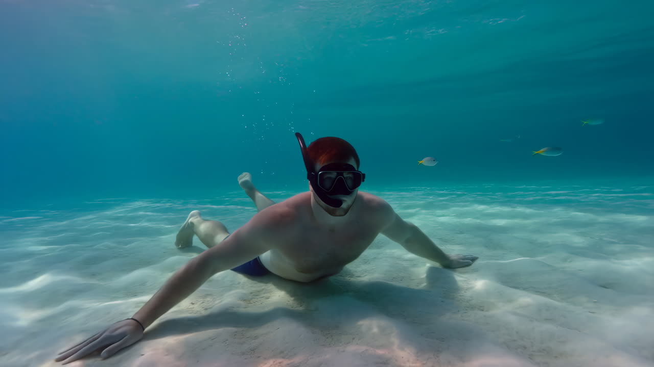 Man Snorkeling Over Sandy Seabed in Clear Tropical Water