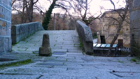 vista de bajo ángulo de camino de granito con hierba creciendo a través de la grieta del puente romano