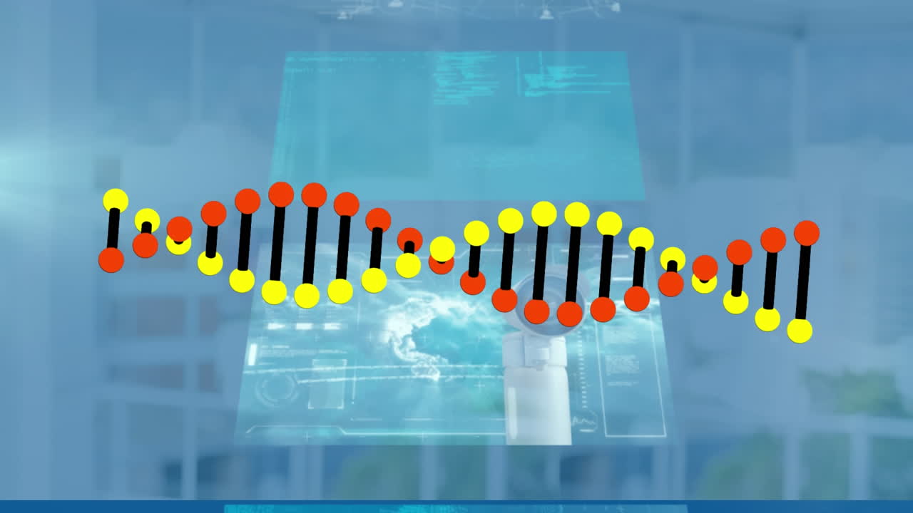 animación de la hilera de adn y procesamiento de datos en una oficina vacía