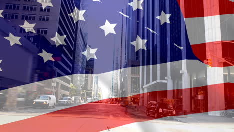 digital animation of american flag swaying in the wind against the city 4k