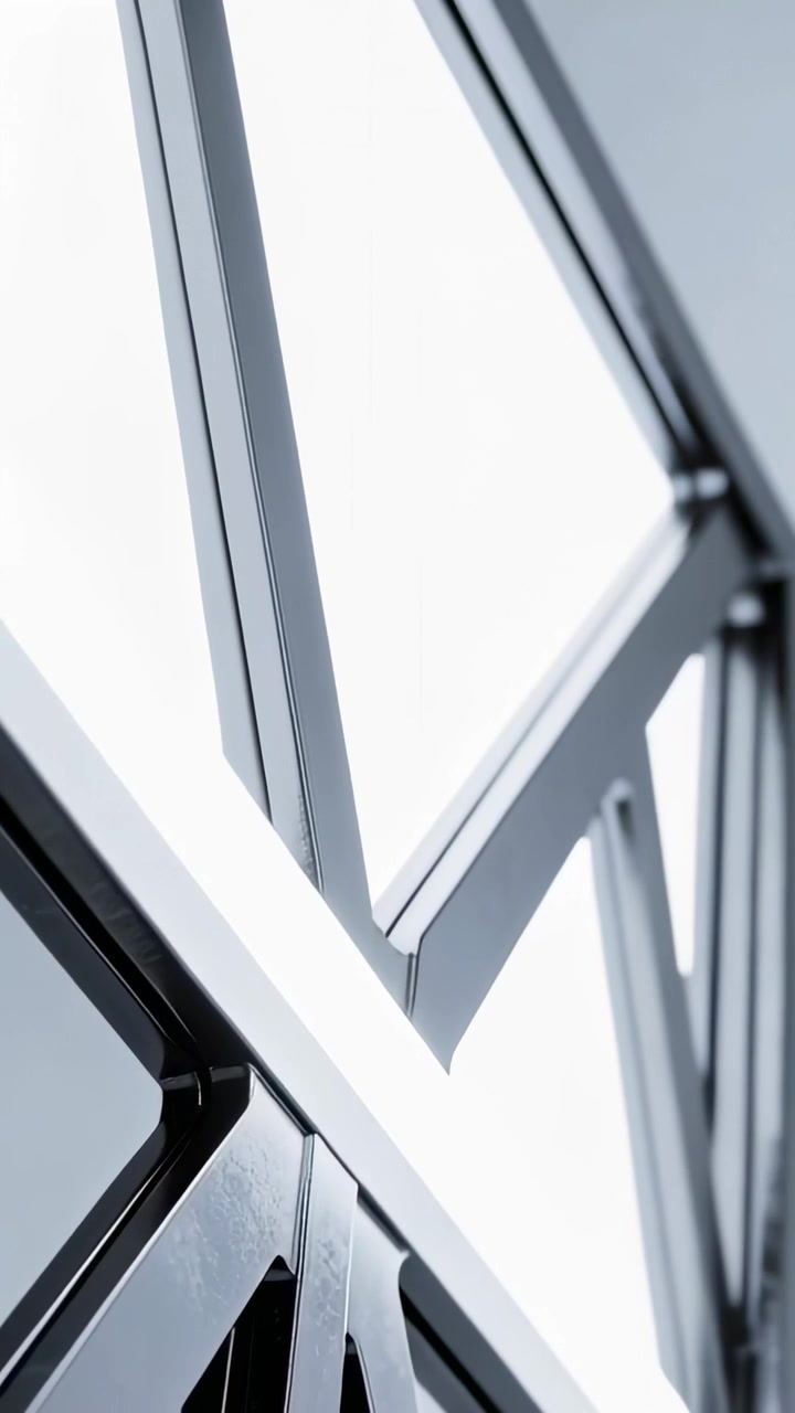 Video verticale: Telecamera che si inclina esaminando un lucernario interno con montanti metallici e vetro illuminato con cerniere.
