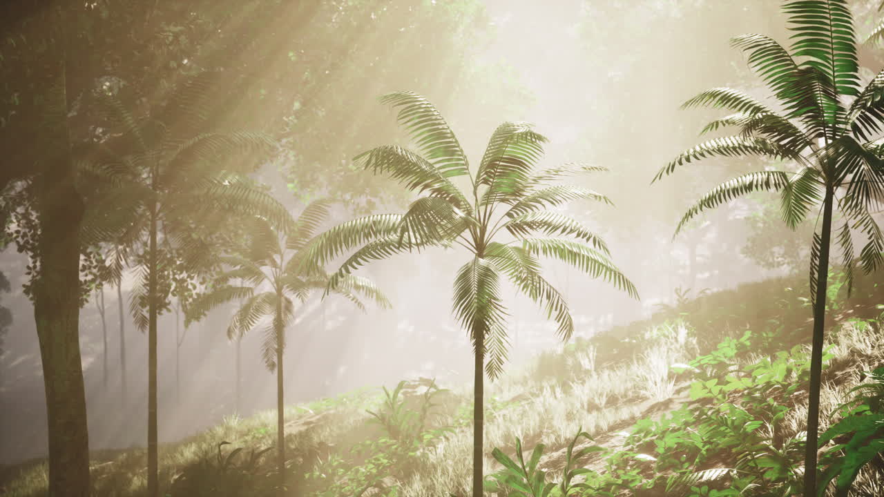 나무 를 가로질러 는 빛 이 있는 조용 한 열대 숲