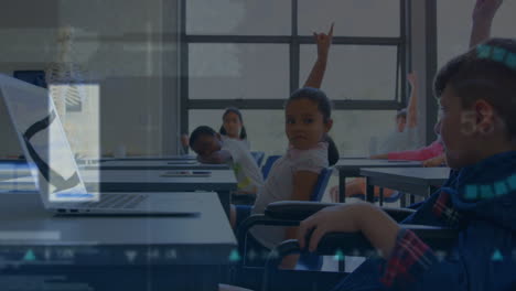 animation of graphs and financial data over class of diverse pupils during lessons