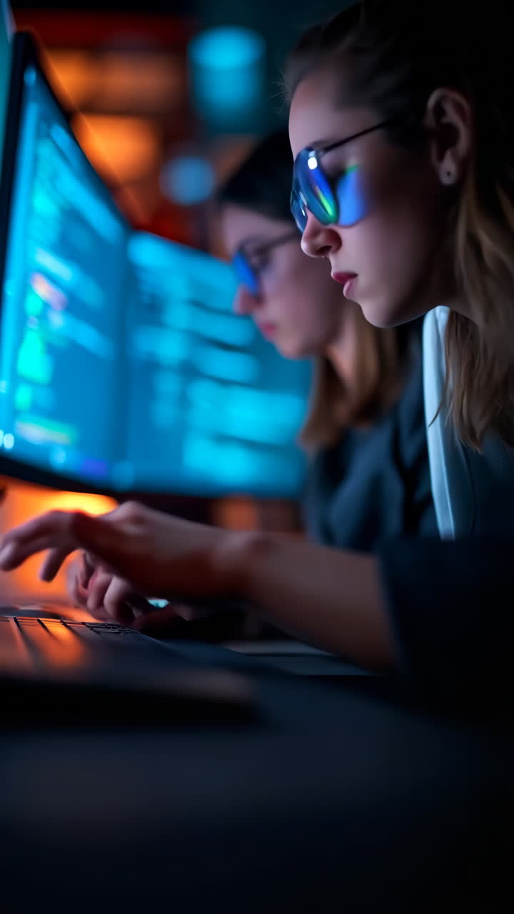 Young Women Programmers Coding on Computers at Night