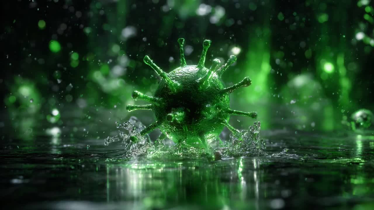 A Stunning Visualization of a Virus in an Abstract Green Atmosphere, Highlighting the Intricate Structure and Fluid Motion Around Its Surface