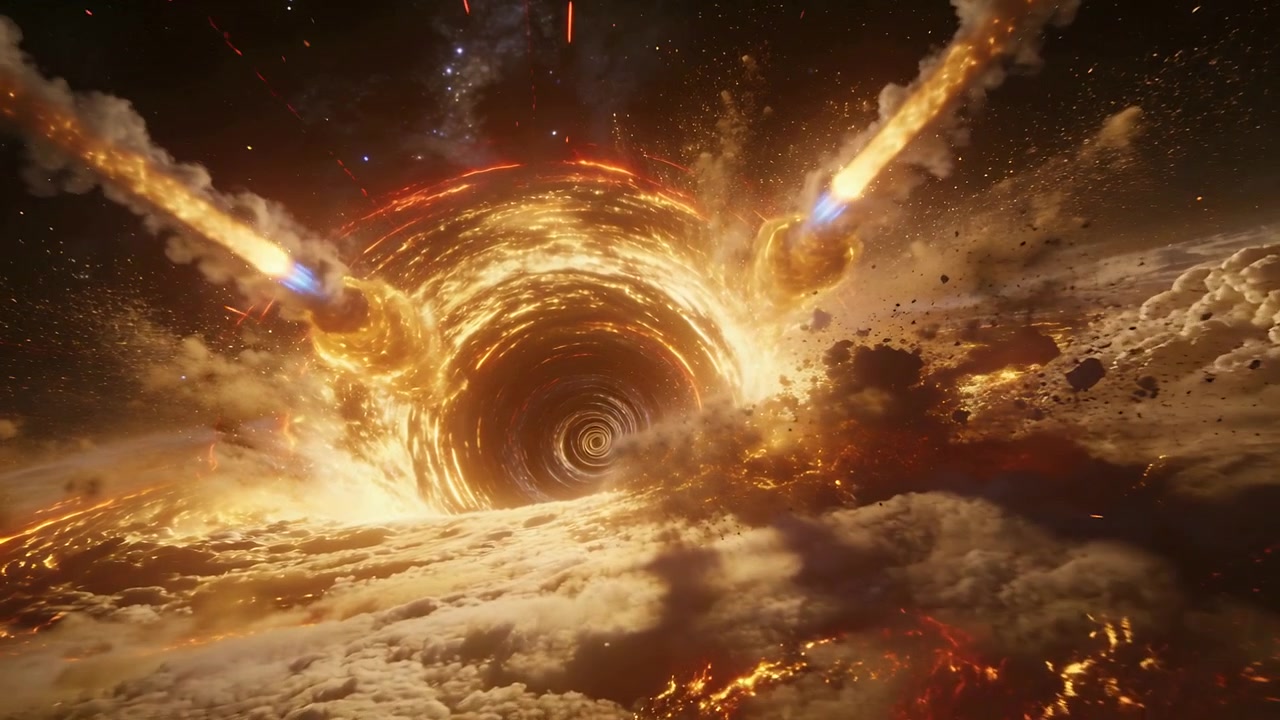 Brightening glowing vortex reacting to incoming comets striking roiling clouds, ejecting embers