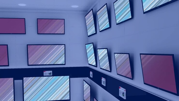 Animazione di file di televisori in un negozio con schermi luminosi e spazio per il testo
