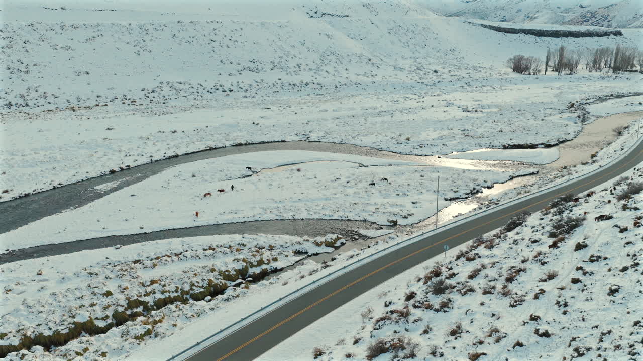 Winding river and highway in snowy valley, Paso Pehuenche Mendoza Argentina, aerial orbit
