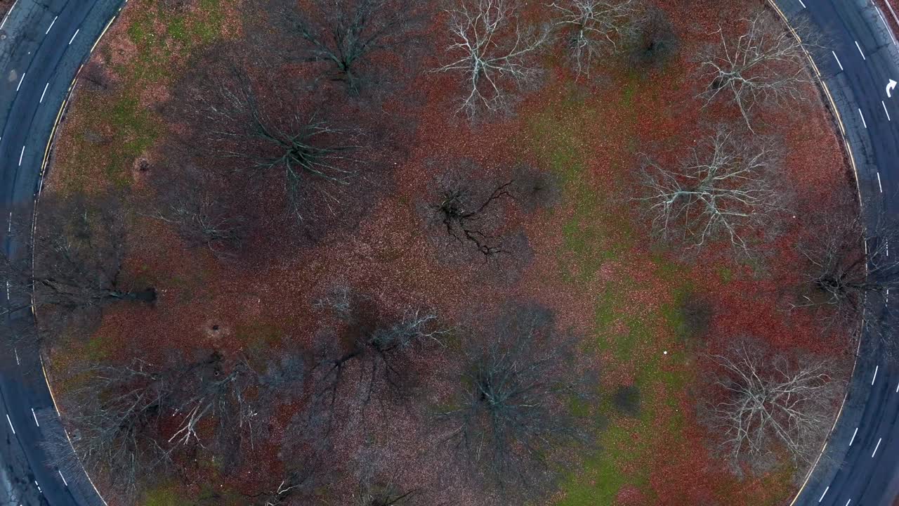 un lapso de tiempo de arriba hacia abajo de una rotonda, con vehículos dando la vuelta al círculo