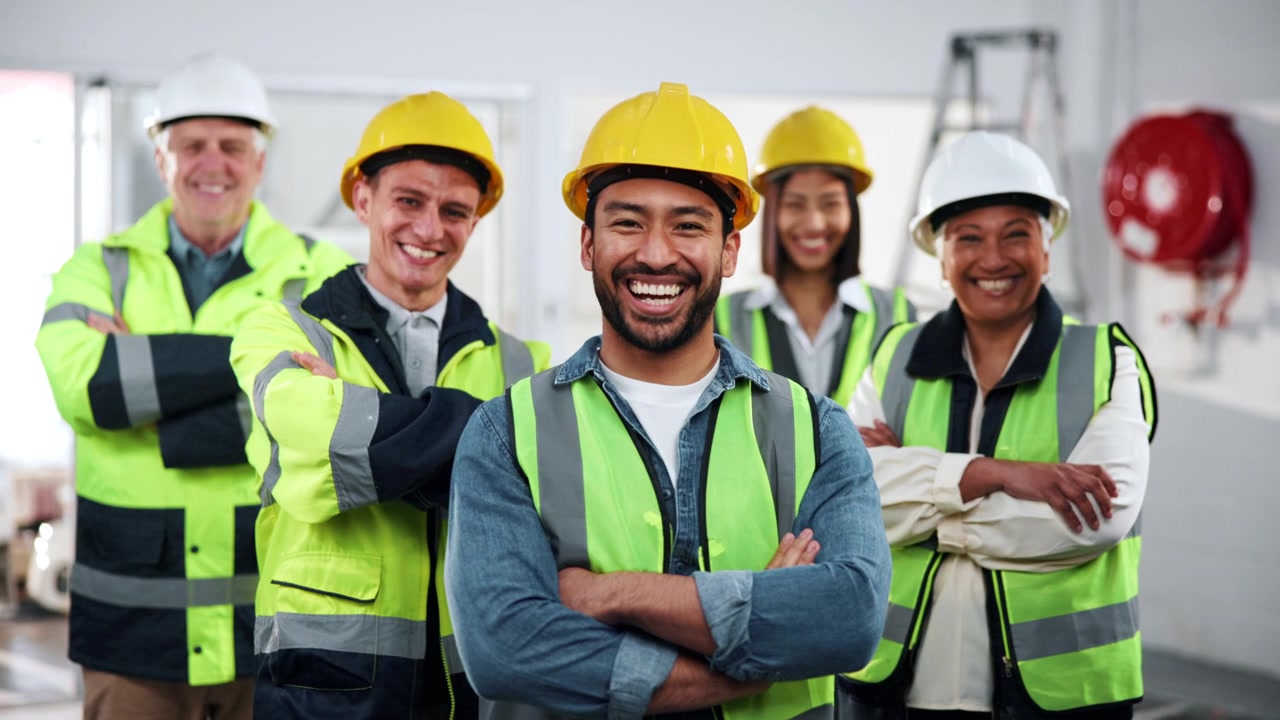 Diverse Group of Construction Workers Standing Together in Warehouse