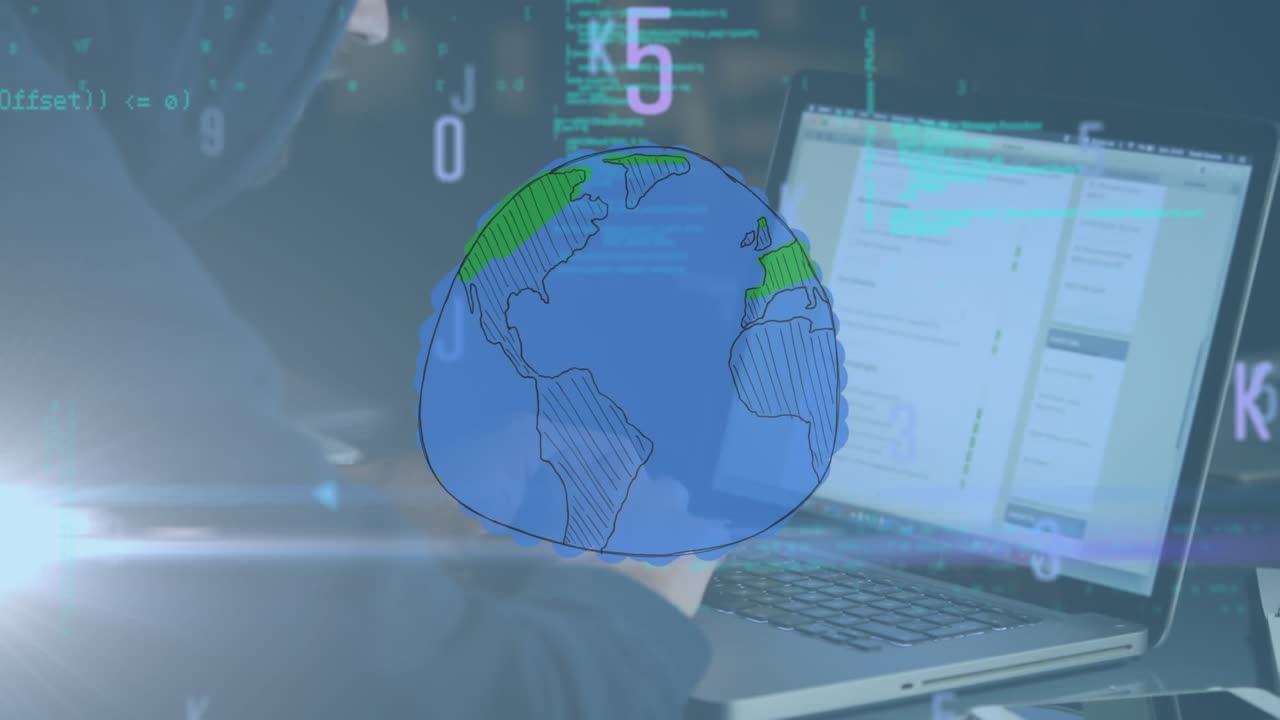 animación del globo, letras y números y procesamiento de datos a través de un hacker utilizando una computadora portátil
