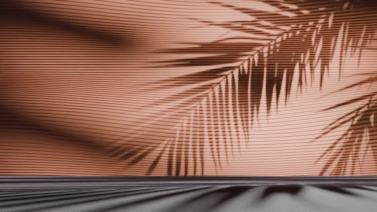 Palm leaf shadows on ribbed beige wall and floor. Minimalist background scene. Tropical summer and vacation concept. Design for wallpaper, banner, header, poster. Front view with copy space