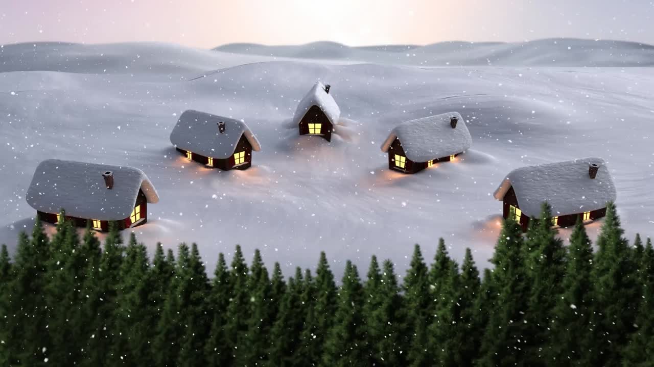 animación de nieve cayendo sobre casas y abetos en un paisaje de invierno