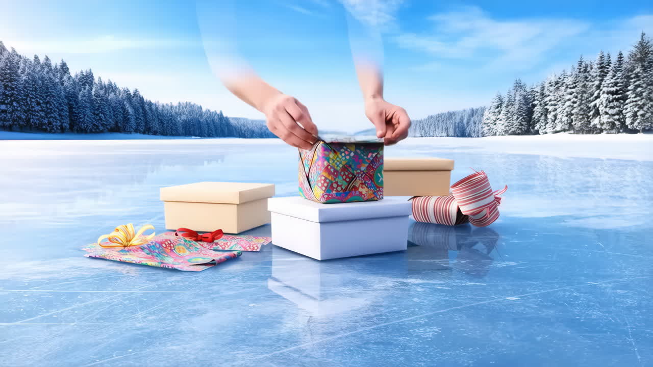 Hands Wrapping Gifts on a Frozen Lake in a Winter Landscape