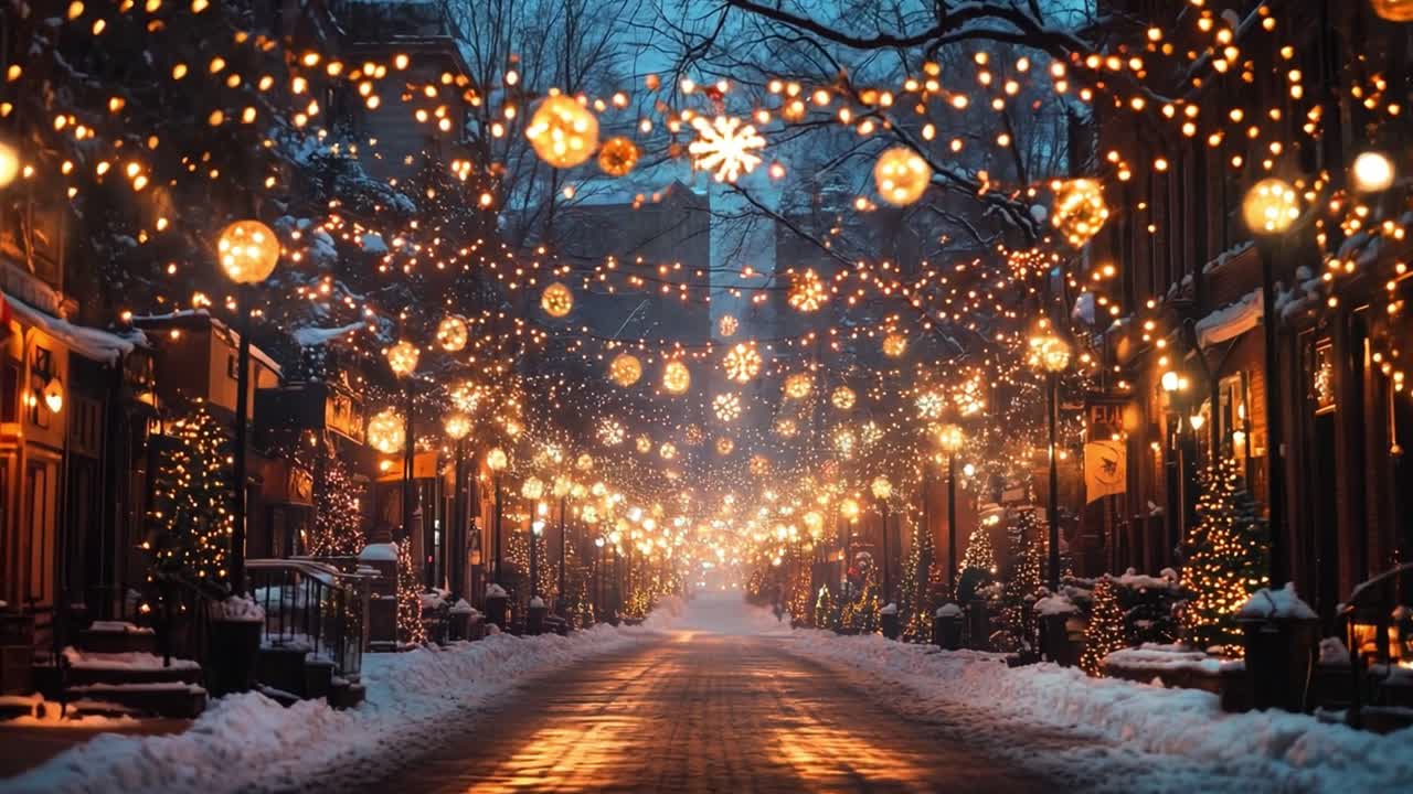 Festive Christmas street scene with snow and lights