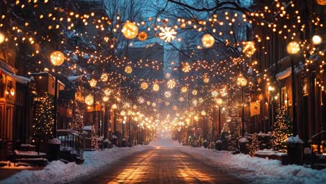 festive christmas street scene with snow and lights