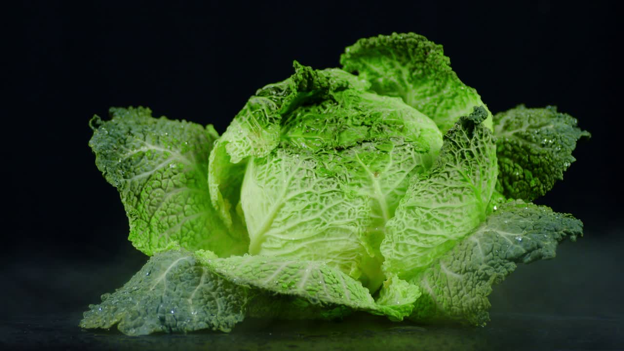 Fresh forks Savoy cabbage with cool steam.