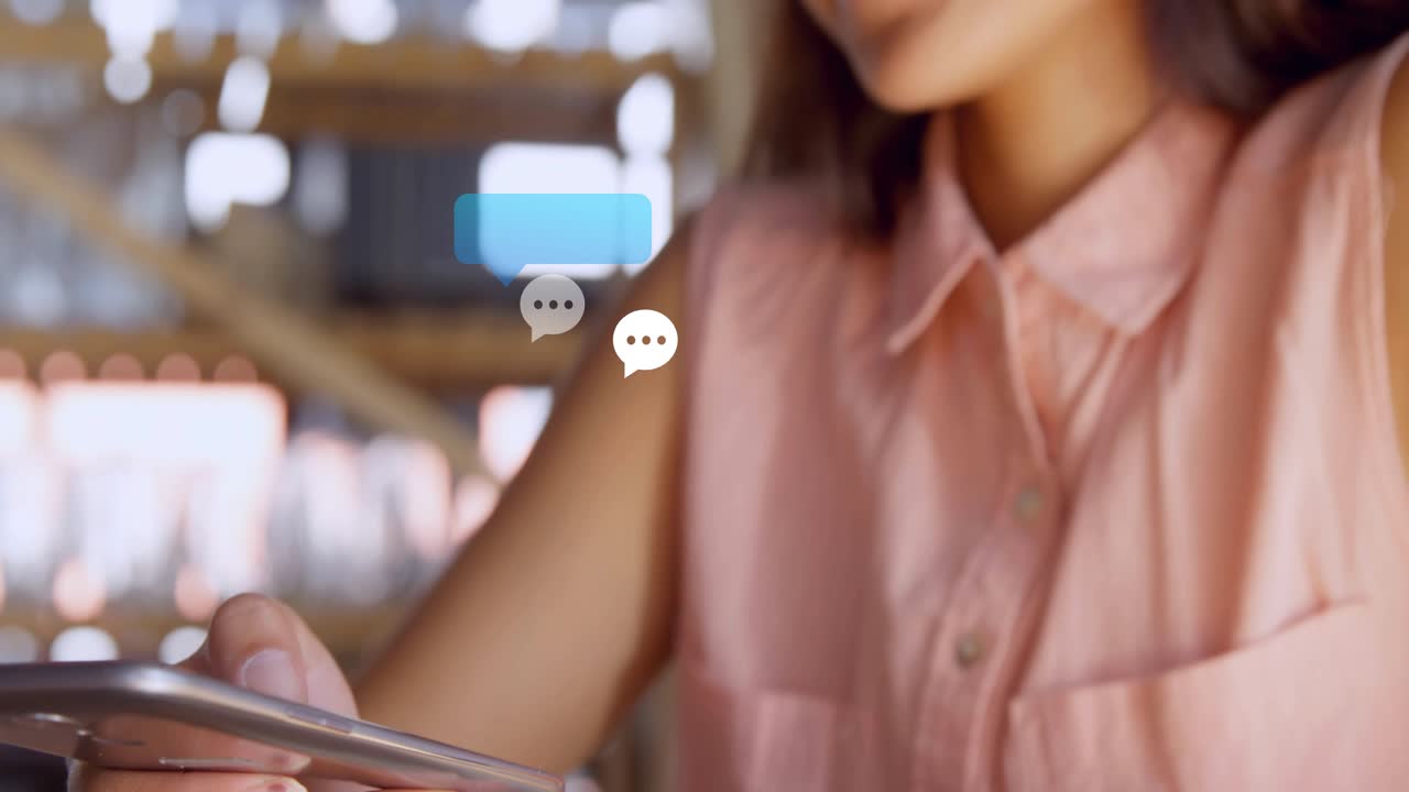 Woman tapping phone on terminal for mobile payments, animated chat bubbles appearing, causing smile