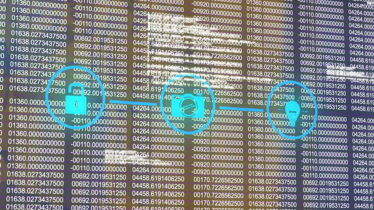 animación digital de una red de iconos digitales contra el procesamiento de datos en un fondo de gradiente