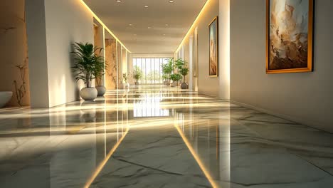 modern hallway with elegant flooring and plants in natural light