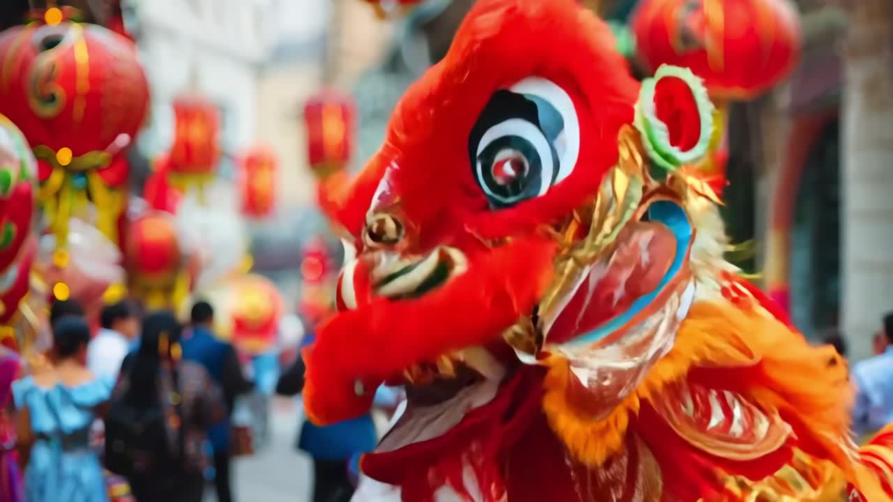 Vibrant red lion dance performance celebrating lunar new year in crowded street, featuring traditional dancers wearing ornate costumes and moving amid hanging red lanterns