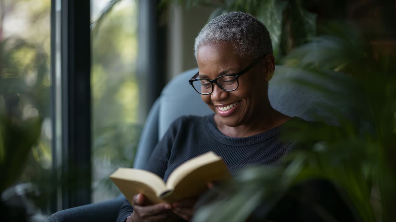 Lecture, femme âgée en pull foncé tenant un livre de poche à la maison près d’une fenêtre, baissant le livre et regardant