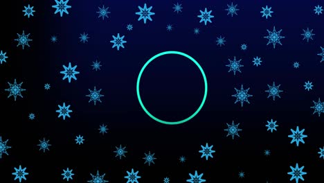 animation of circles and snow at christmas on black background