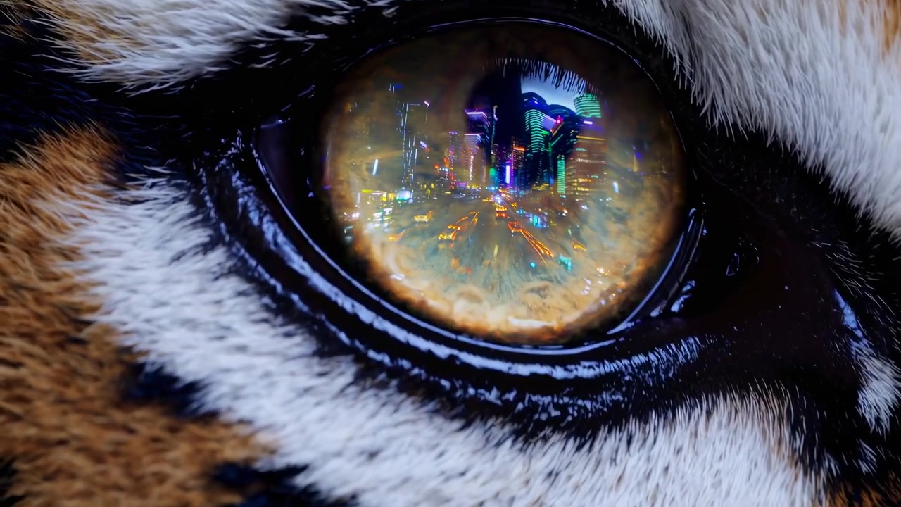 Primer plano de un ojo de tigre reflejando un paisaje urbano vibrante