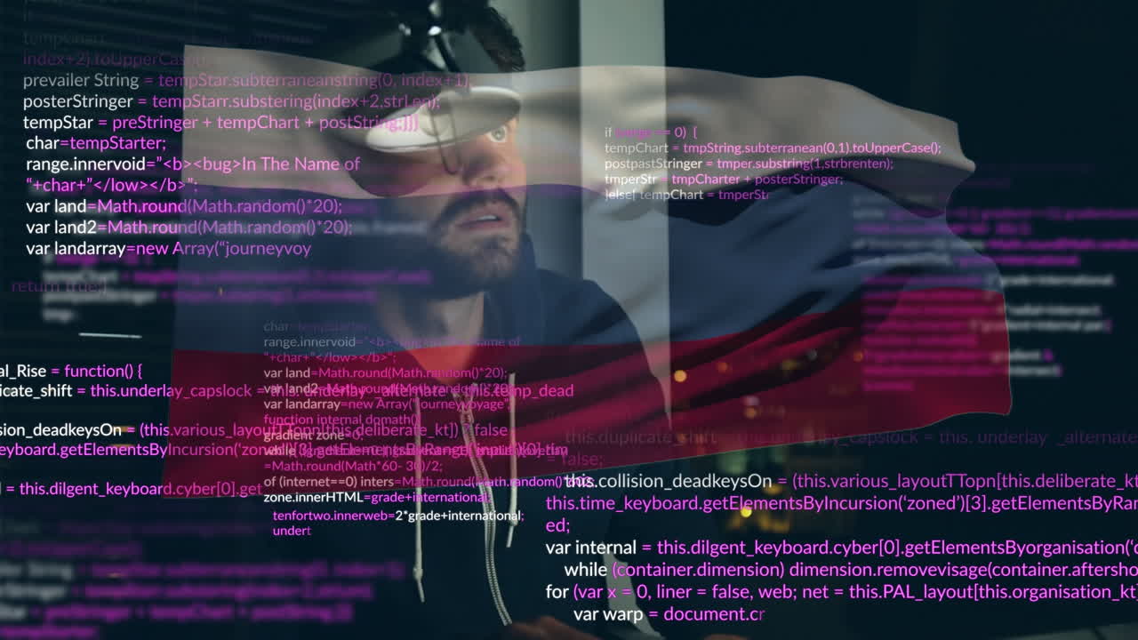 animación de un hacker caucásico sobre el procesamiento de datos y la bandera de rusia