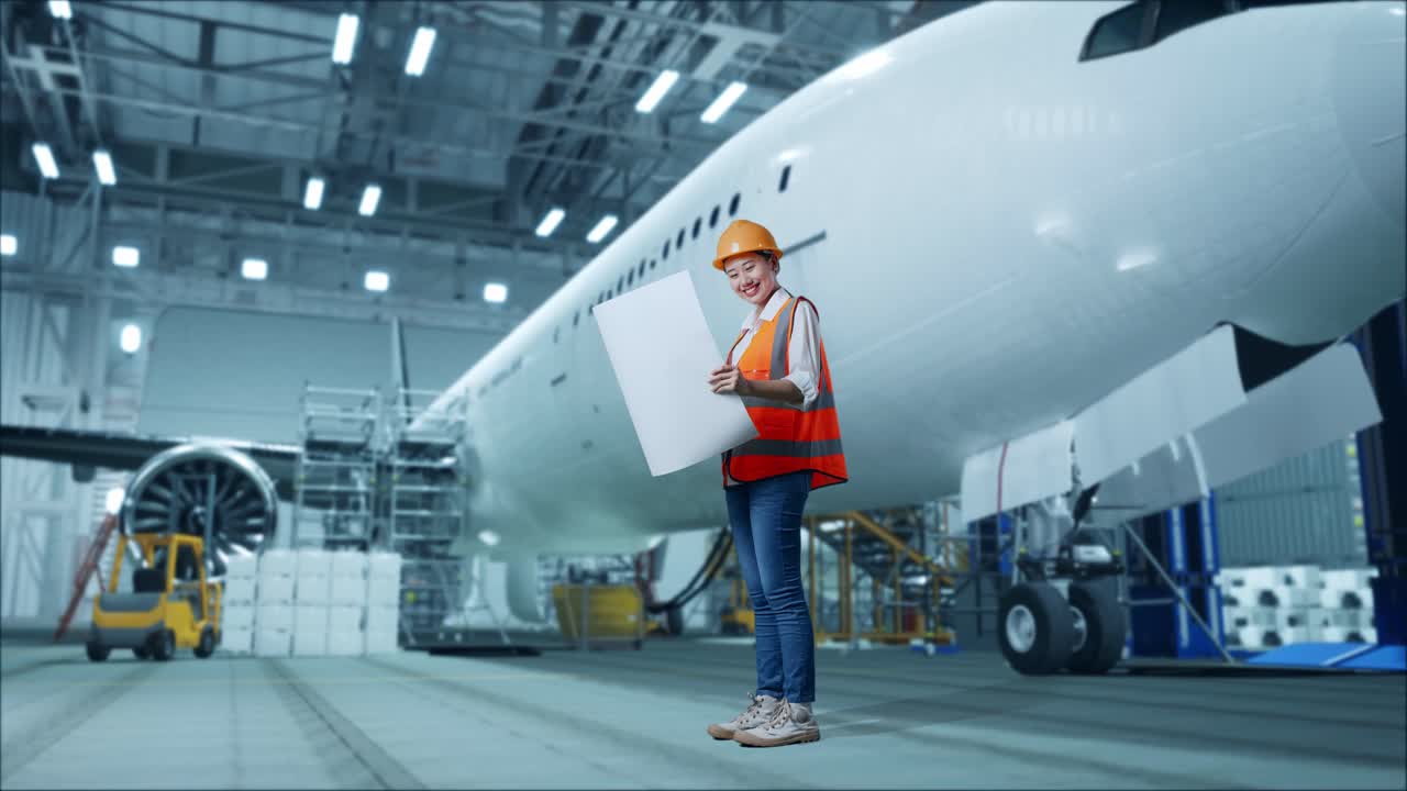 mujer ingeniera revisando planos de aviones en el hangar