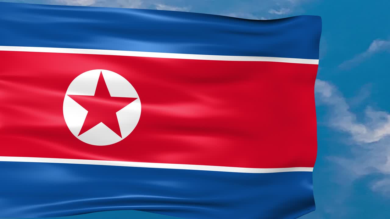 파란 하늘 배경에서 바람에 흔들리는 북한 국기의 비디오 애니메이션