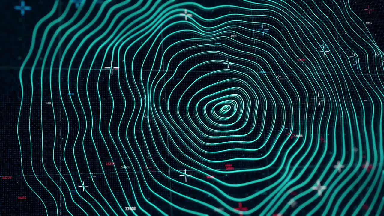 Animated abstract bended neon concentric circles on black background. Animation. Futuristic turquoise geo location program with wavy surface, seamless loop