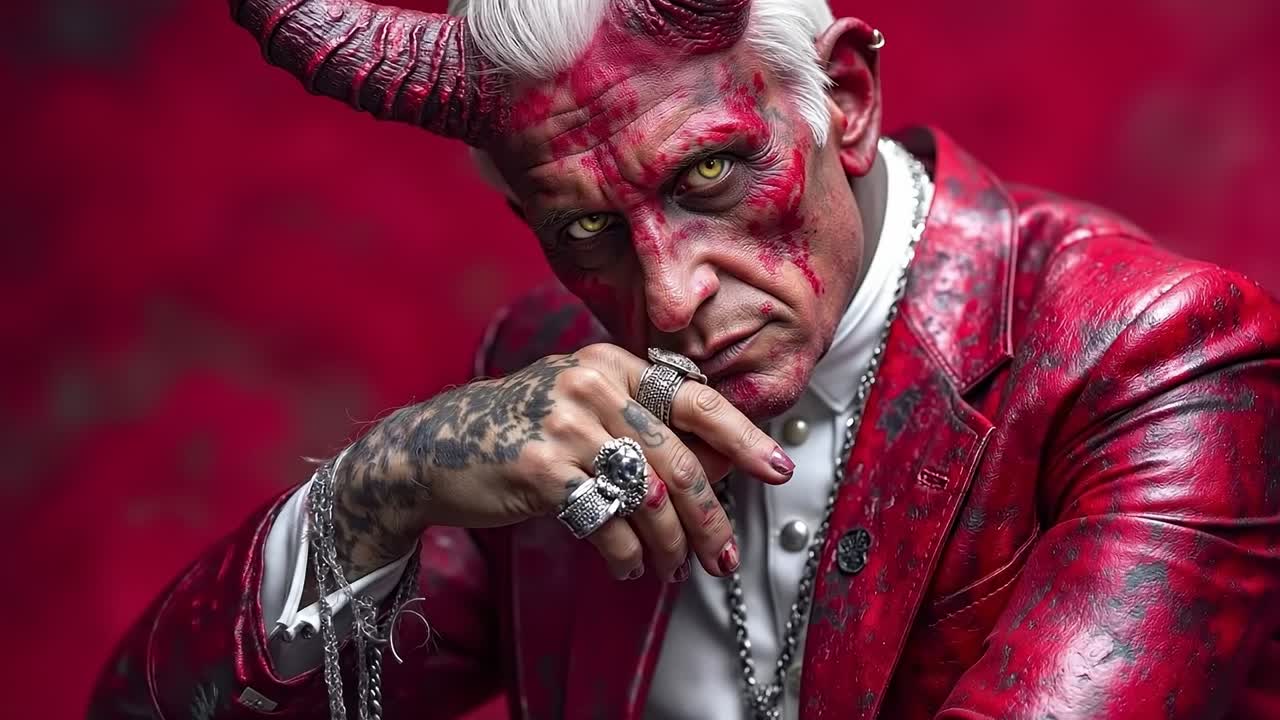 A man in a red devil costume with horns and a ring on his finger
