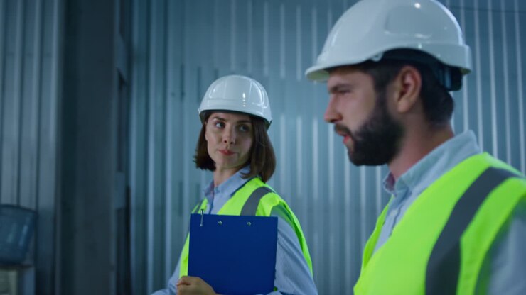 Specialisti di produzione in uniforme che camminano nel magazzino discutendo del prodotto.
