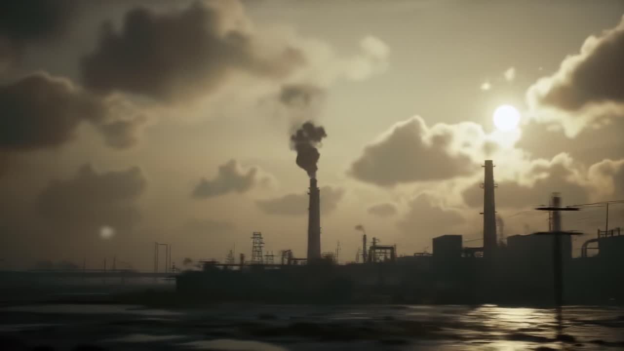 Dramatic Industrial Landscape at Dusk: A Gloomy View of Smoky Factories and Power Lines Amidst the Setting Sun and Cloudy Skies