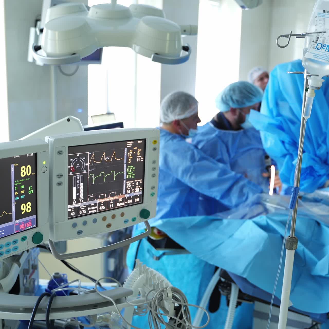 Intervento chirurgico in sala operatoria. Monitor medici mostrano le condizioni del paziente durante l'intervento. Gruppo di chirurghi che esegue un'operazione.