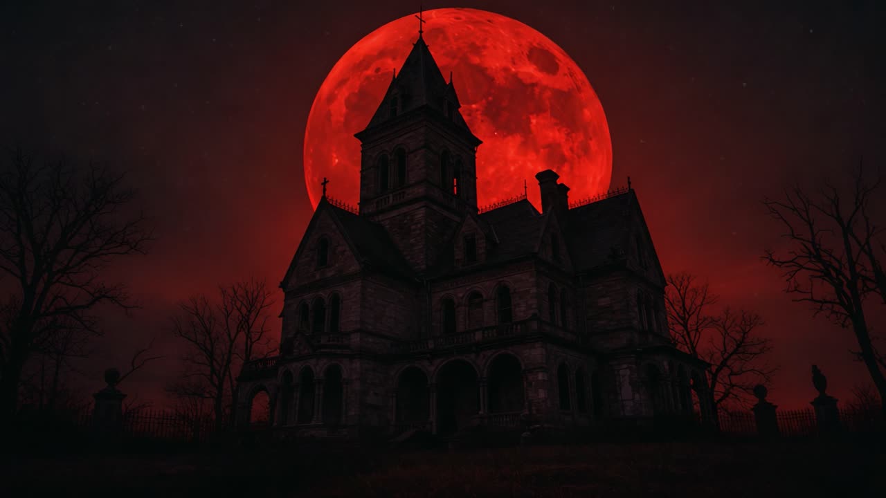 Eerie Abandonment: A Haunting Victorian Mansion Beneath a Blood-Red Moon, Captured in Spectacular Twilight Ambiance with Gnarled Trees and Sinister Shadows