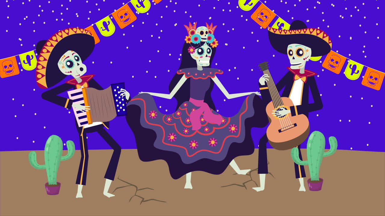 animazione viva mexico con i personaggi di mariachi e catrina skulls