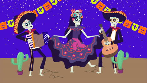 viva mexico animation with mariachis and catrina skulls characters