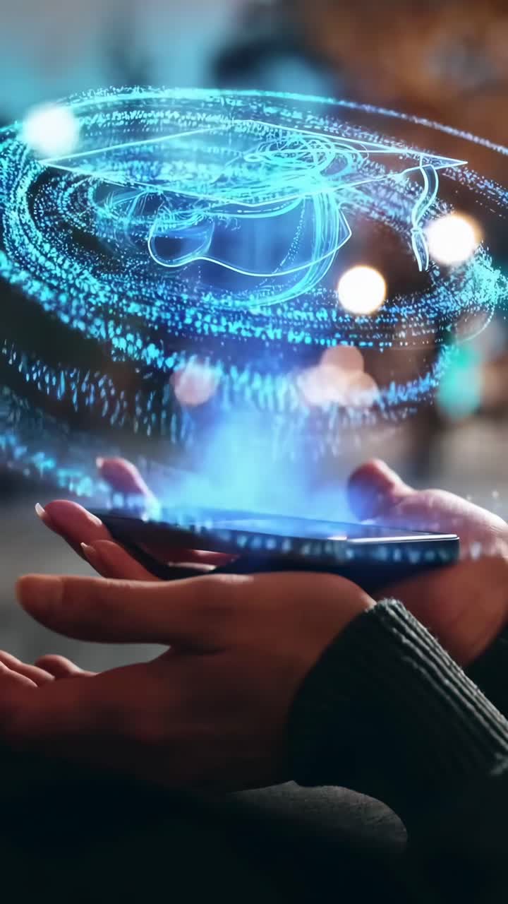 Video con angolazione dal basso di mani che tengono un telefono che proietta un tocco di laurea olografico di notte