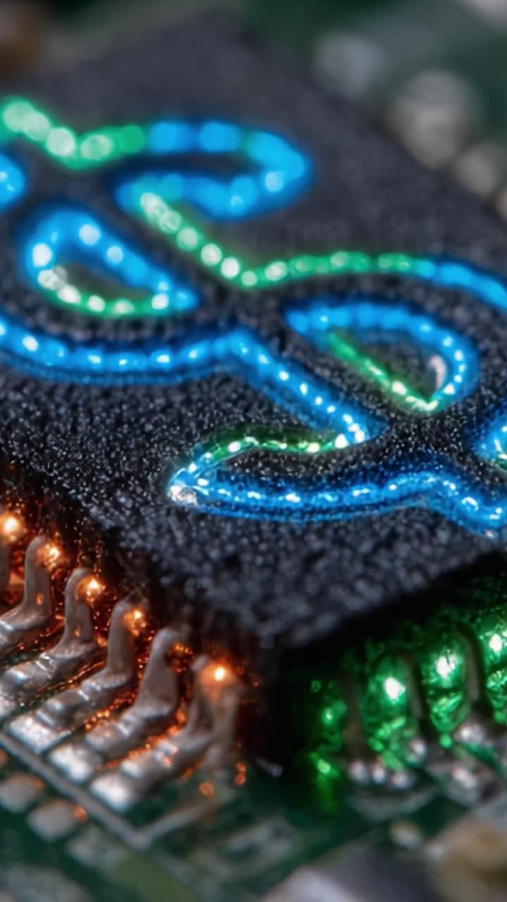 Primo piano di un componente elettronico colorato con motivi complessi che evidenziano la tecnologia e il design avanzati dei circuiti