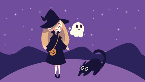 happy halloween animation with witch and ghost