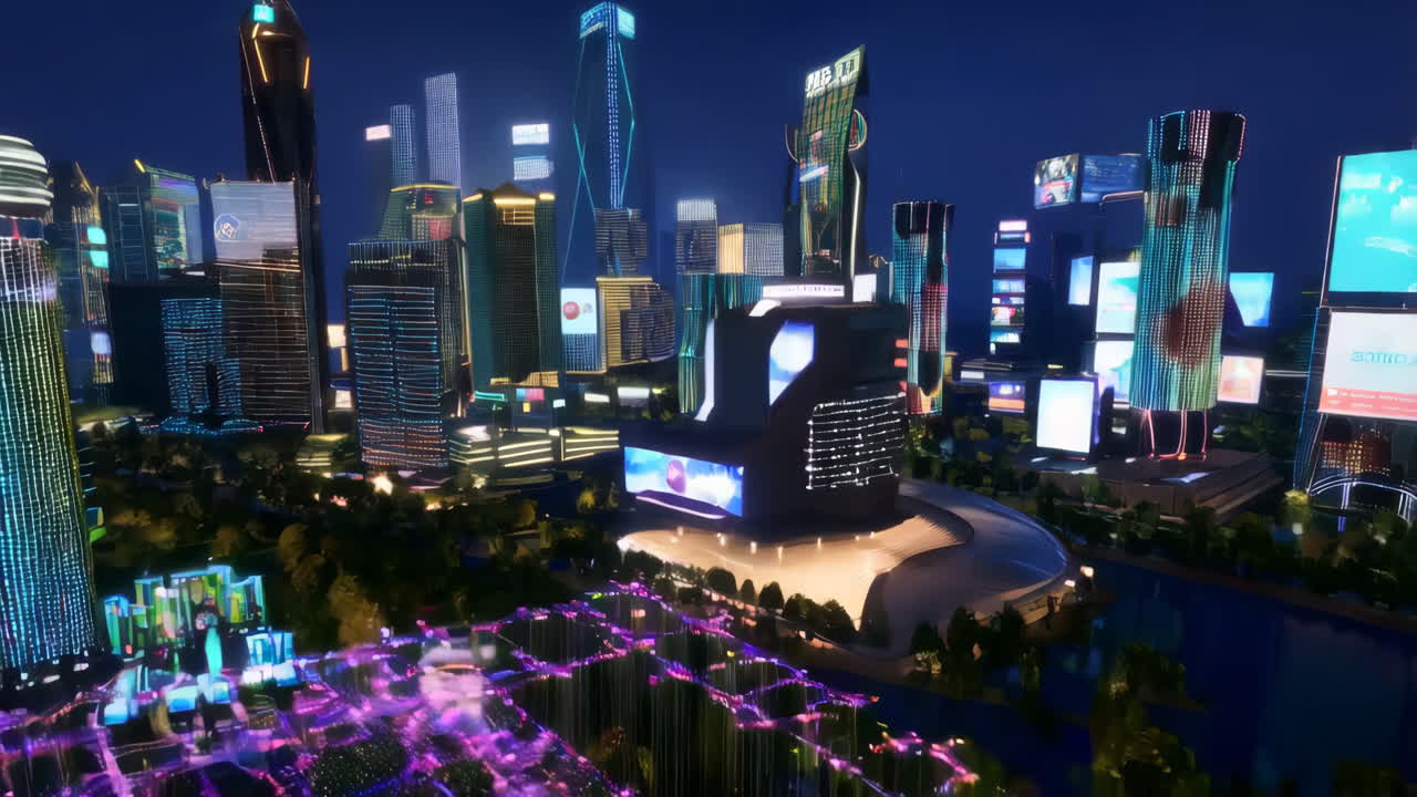 Futuristic Cityscape at Night with Digital Waterfalls and Projections