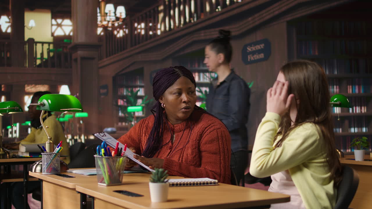 도서관 환경에서 학생을 돕는 교사