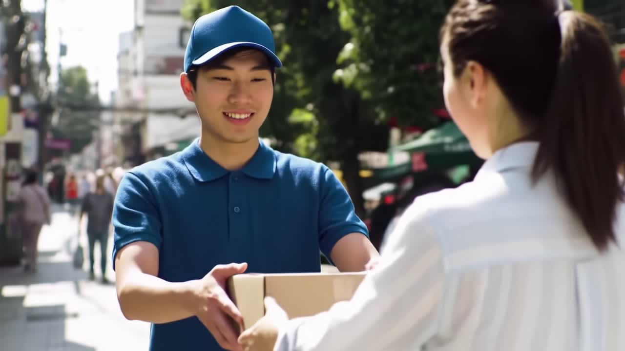 A young delivery person in a blue uniform interacts with a smiling customer in a busy urban area with pedestrians around. The setting is lively, showcasing city life.