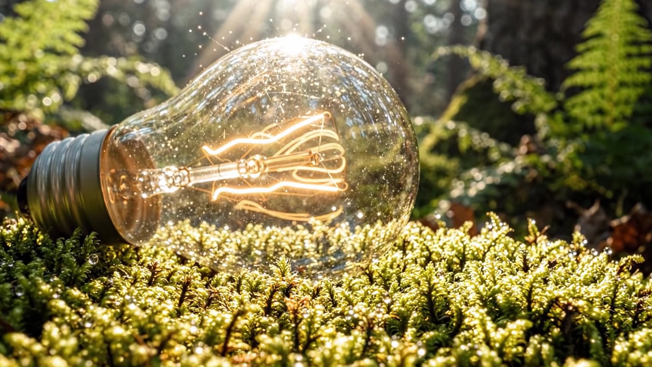 Una bombilla incandescente anidada entre musgo verde vibrante en un bosque sereno, capturando la esencia de la naturaleza y la innovación en un entorno hermoso
