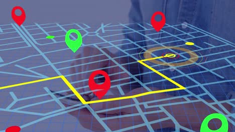 esquema de línea de mapa de navegación sobre la sección media de un hombre que usa un teléfono inteligente