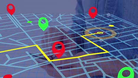 navigator pin over navigation map line scheme against mid section of a man using a smartphone